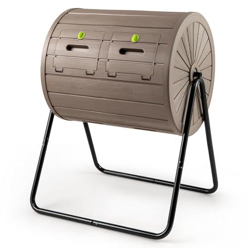 COSTWAY Compostiera da Giardino, Contenitore per Compostaggio 142 L con Doppia Camera, 2 Porte Bloccabili, Compostatore a Rotazione a 360° per Rifiuti da Giardino, Cucina, Cortile e Fattoria (Marrone)