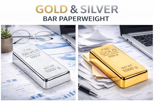 Image of ZAHEPA Realistic Metal Gold & Silver Bar Paperweight for Office Table, Fake Biscuit Paper Weight Table Decoration, Prop for Jewellery Shop & Heist Theme, Unique Gift for Home & Office (Pack of 2)