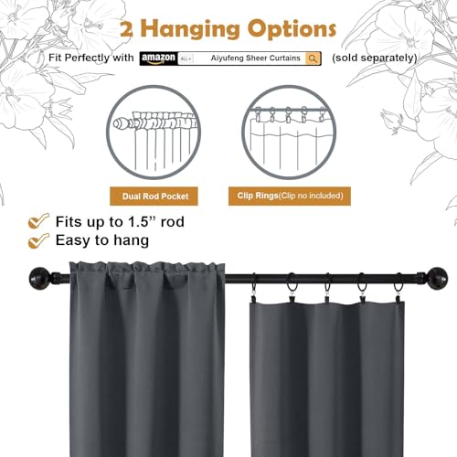 Image of Aiyufeng Charcoal Blackout Curtains for Bedroom 84 Inch Length 2 Panels Set, Thermal Insulated Room Darkening Light Blocking Rod Pocket Window Treatment Drapes for Living Room, 50 inch W x 84 inch L