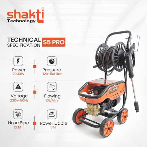 Image of Shakti Technology - S5 PRO High Pressure Washer 2000W (Max 160 Bar) | Adjustable Pressure Knob, Self-Intake & Auto-Stop System | Heavy Duty Car /Bike /Solar Cleaning Machine with 12M Hose Reel