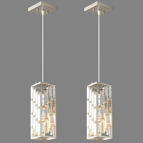 Image of Brushed Nickel Pendant Lighting Modern Pendant Light, Mini Crystal Chandeliers, Adjustable Pendant Light Fixture for Kitchen Island Dinning Room Bedroom (2 Pack)