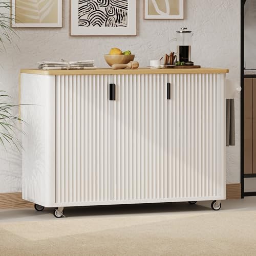 Image of Yayzy 51”W Farmhouse Rolling Kitchen Island with Drop-Leaf Table, Grooved Panel Design, Kitchen Island Cart with Storage Shelves, Towel Rack & Wheels, White Ash