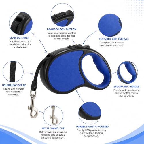 Image of Cawypety Retractable Dog Leash, 16ft /5M Heavy Duty Extendable Dog Walking Lead | One-Hand Brake & Lock, 360 Tangle-Free | Durable Pet Leash with Ergonomic Anti-Slip Handle for All Small,Large Breeds