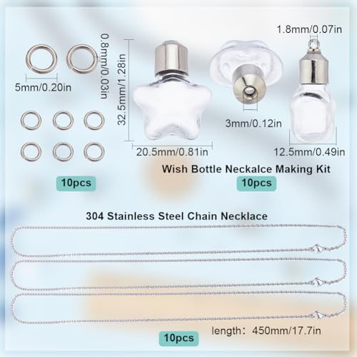 SUNNYCLUE 1 Box 30Pcs DIY 10 Sets Vial Necklace Hourglass Vial Pendant with Screw Cap Bottle Empty Star Shaped Hourglass Clear Glass Wish Bottle Charms Stainless Steel Chain for jewellery Making Kits - Image 2