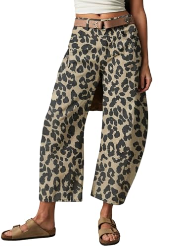 loveimgs Women Baggy Leopard Barrel Jeans Cheetah Print Mid Rise Wide Leg Denim Pants Harem Boyfriend Cargo Jeans Y2k