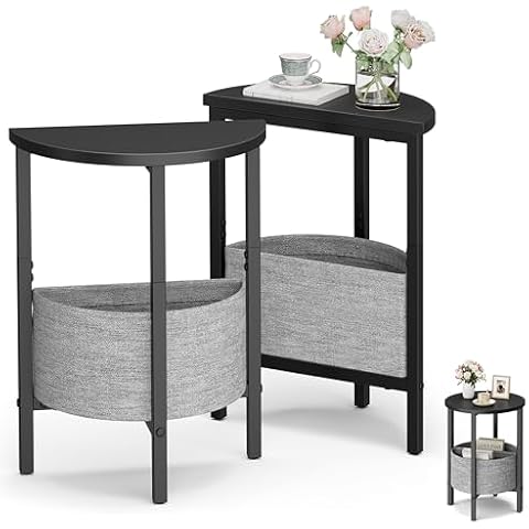 VAGUSICC Side Table, Small Round End Table with Fabric Basket, Set of 2 Half Round Side Table Half Moon Tables, Round Accent Coffee Table, Tea Sofa Table Nightstand for Living Room Bedroom Small Space Cover