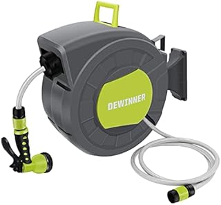 DEWINNER Garden Hose Reel, Wall Mount Auto Reel with Spray Nozzle, Auto Rewind Holder Storage, Wall Mounted Hanger, 25M Hose Pipe+2M Tap Connect Hose for Outdoor Watering
