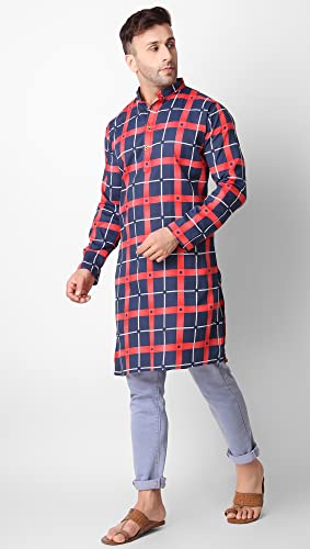 SKAVIJ Men's Printed Checkered Cotton Tunic Casual Kurta Shirt Great (Navy Red, X-Large)3