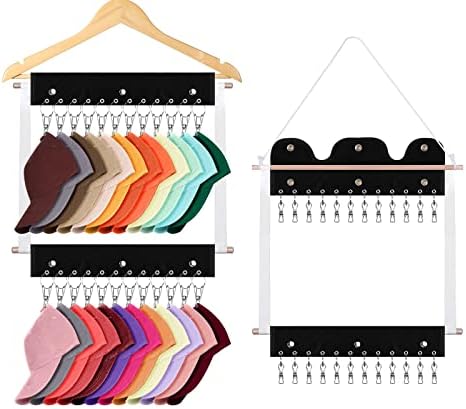 Yoocaa 2 in 1 Hat Organizer for Baseball Caps, Hat Racks with 24 Holder Clips for All Caps & Beanie, Hat Storage Rack Suitable for Standard Size Hanger, Cap Organizer Hanger Fit Closet Door Wall Room