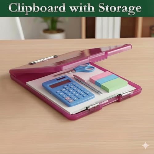 Image of Yajnas A4 Size Clipboard with Storage Box | 180 Foldable Exam Pad & Writing Board | Heavy Duty Plastic File Folder with Pen Holder & Paper Storage for Students, Office & Field Use (Magenta)