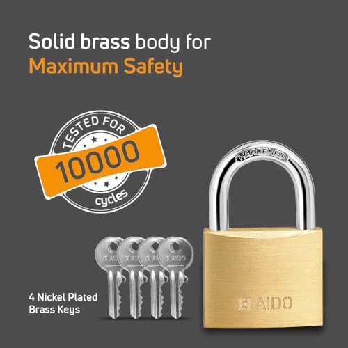 Image of AIDO by dormakaba Group 30mm Solid Brass Padlock | Lock for Luggage, Cabinets, Lockers, Toolboxes | 4 Brass Keys | Double Bolt | Hardened Shackle | Water Resistant | 2 Yr Warranty