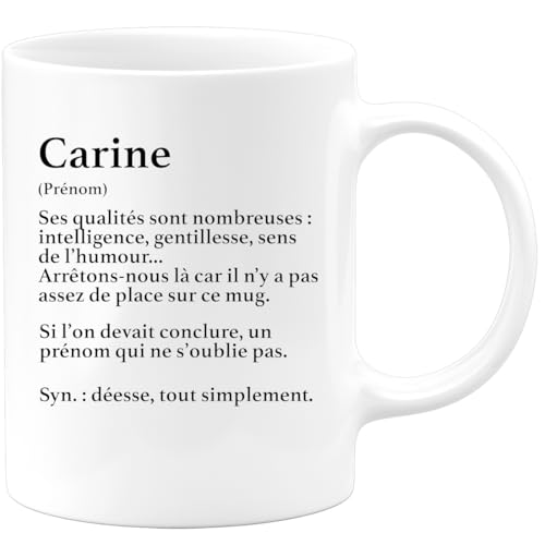 quotedazur - Café-Croissant - Mug Définition Prénom Carine Déesse Tout Simplement - Cadeau Noël Prénom Tasse Carine - Blanc/Céramique