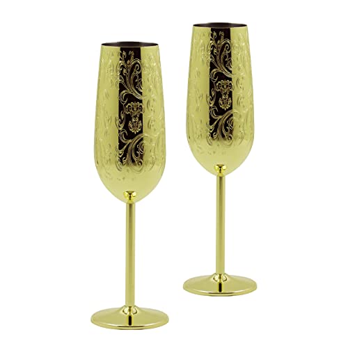 Sky Fish Lot de 2 flûtes à champagne en acier inoxydable incassables pour anniversaire de mariage, barbecue dans le jardin - 280 ml (doré) Cover