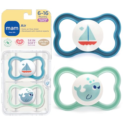Image of MAM Air Pacifier for Babies 6-16 Months, Extra Air Flow for Sensitive Skin, Developed with Medical Experts, BPA-Free Skin Soft Silicone, 2 Count, with Sterilizer Case, Made in Europe