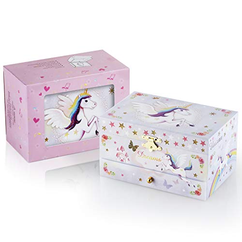 Kids Musical Jewelry Box With Big Drawer And Zirconia Stones Jewelry Set With Spinning Unicorn And Glitter Rainbow Butterfly Design - Beautiful Dream Tune Purple #TOP5