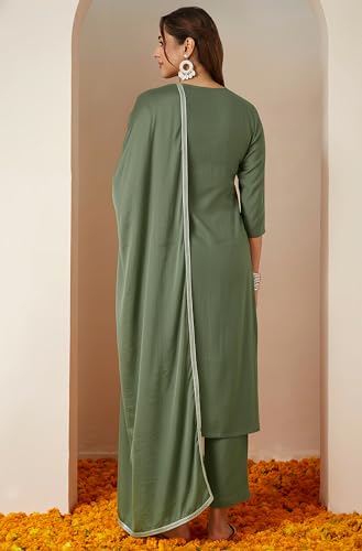 Image of Janasya Women's Silk Blend Embroidered Straight Kurta Set