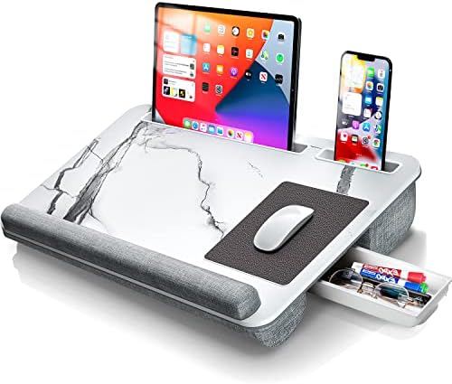 Gimars Home Office Lap Desk Fits up to 17 Inches Laptop with Dual Cushion,Wrist Rest, Built-in Mouse Pad, Tablet Phone Holder and Storage Drawer, White Marble