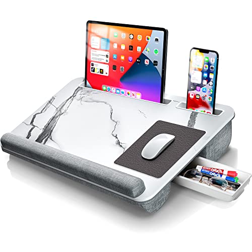 Gimars Home Office Lap Desk Fits Up To 17 Inches Laptop With Dual Cushion,Wrist Rest, Built-In Mouse Pad, Tablet Phone Holder And Storage Drawer, White Marble #TOP23