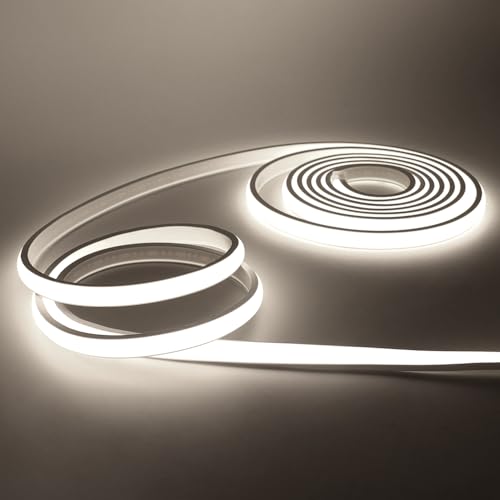 KISUFU Bandeau LED COB 220V, IP65 étanche Flexible néon LED Strip Light 288 Leds/m Bandes à LED Ruban pour DIY Chambre, Cuisine, Exterieur Maison Décoration. Blanc,5M