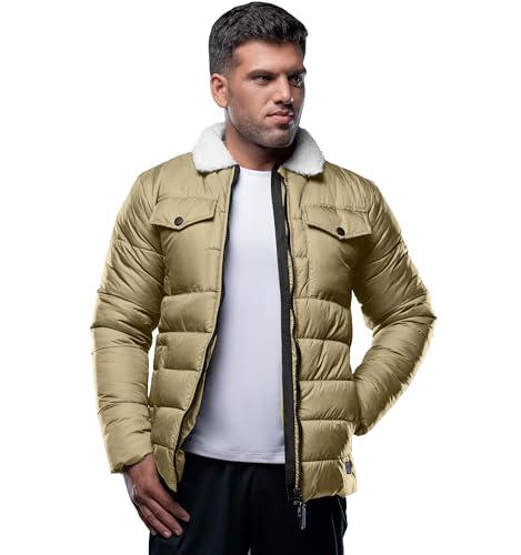 Image of URBAN BUCK Mens Puffer Jacket Midweight Sherpa Lined Windproof and Water Repellent Winter Recycled Down Bryce Beige Hiking Men Coat (S)