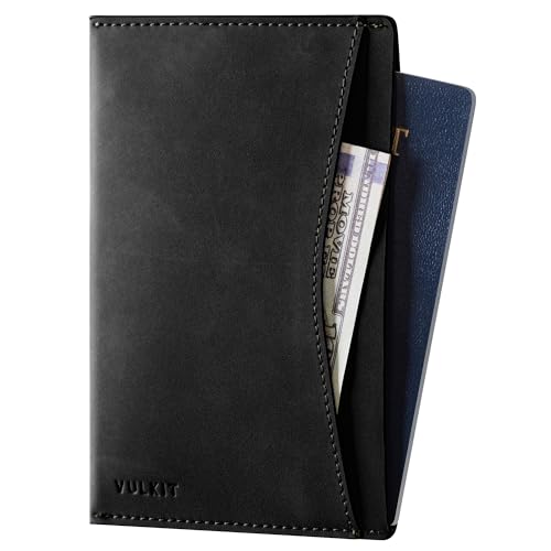 VULKIT Passport Holder Ultra-thin Design Leather Travel Wallet with 2 Card Slots on the Back RFID Blocking Passport Holder Essential for Travel black Einheitsgröße Minimalist
