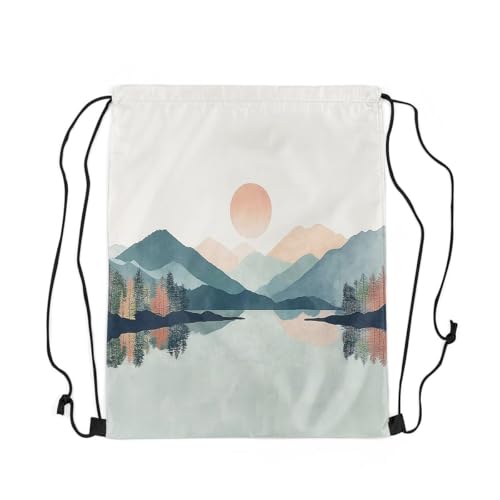 jejeloiu Sun Lake Drawstring Backpack 13"x15.7" Mountain Sports Gym String Bag Blue Pink Drawstring Bags Nature Landscape Waterproof Cinch Bag Sports Drawstring Sackpack3