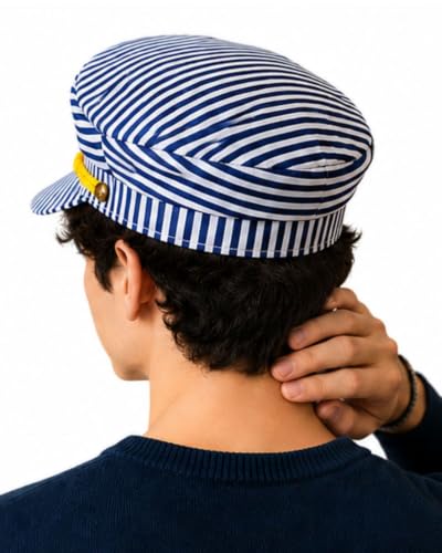 Image of BookMyCostume Unisex Blue and White Striped Sailor Captain Cap - Yacht Cap with Embroidered Anchor Badge and Gold Detail - Classic Marine Costume Accessory for Boat Parties & Summer Cruises | Adults