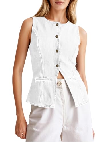 Tankaneo Womens Button Down Denim Vest Trendy Fitted Sleeveless Jean Tank Tops Crew Neck Waistcoat