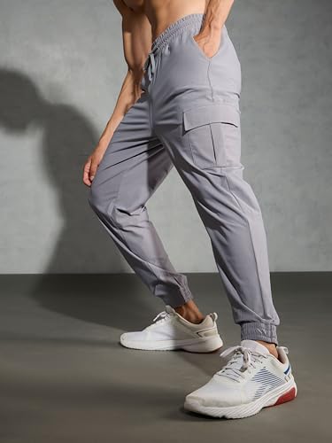Image of TECHNOSPORT Men's Solid Slim Fit Sports Cargo Joggers DURACOOL+ Quick Dry Breathable Moisture Wicking Stretch Gym Track Pants Running Training Fitness Activewear