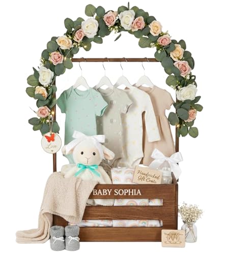 Image of AONEHOME Baby Shower Crate, Large Pine Wood Baby Basket with Hanging Rods, Personalized Clothes Display & Storage Organizer, Baby Shower Centerpiece Decoration