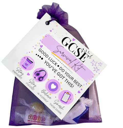 GCSE Survival Kit Good Luck Exam Gift 14 Items listed on the card Purple Bag Novelty Theme (Purple)