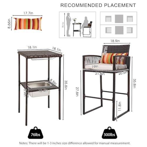 Sundale-Outdoor-3-Pieces-Wicker-Bar-Furniture-Set-for-2-Patio-Stools-and-Bar-Set-with-Glass-Holder-Ice-Bucket-Counter-and-2-Pub-Stools-High-Top-Bistro-Dining-Set-Brown-Rattan-and-Beige-Cushions Sundale Outdoor 3 Pieces Wicker Bar Furniture Set for 2 Patio Stools and Bar Set with Glass Holder Ice Bucket Counter and 2 Pub Stools High Top Bistro Dining Set Brown Rattan and Beige Cushions