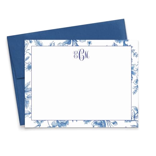 Personalized Monogrammed Stationery Note Cards With Border, FLAT Initial Chinoiserie Notecards With...