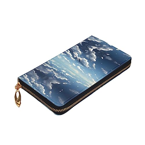 Leather Wallet 7.48 x 4.13 in - Stylish and Durable Wallet for Women with Multiple Compartments and Zipper Design Blue sky and white clouds Pattern3