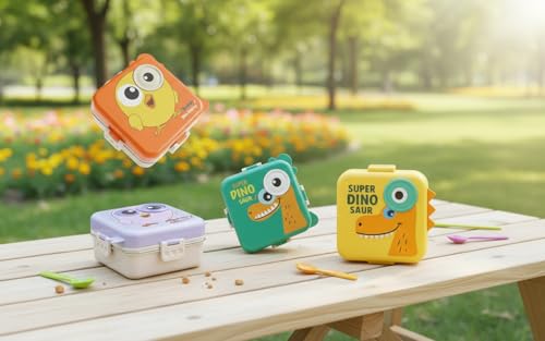 Image of Darkpyro Super Bite Buddy Cartoon Kids Lunch Box with Compartments - Air Vent, Spoon, Sauce Container & Stainless Steel Tray - Purple Chick Design(1100ml+50ml)