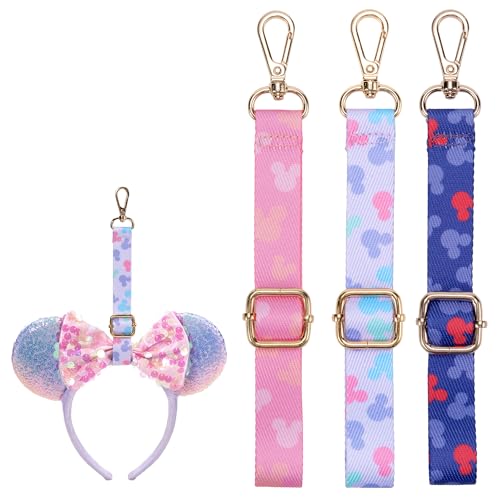 EQVYG 3PCS Mouse Ear Holder for Backpack Theme Park Trip Essentials Bag Charm Adjustable Keychain Colorful Lanyard Organizer Decor Pink Purple