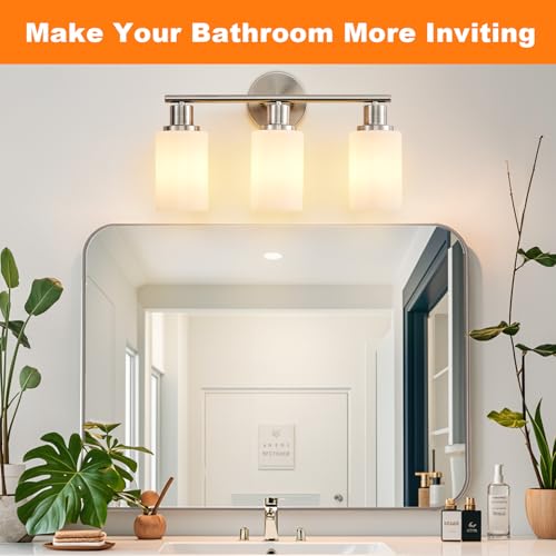 Image of DLLT 3-Light Bathroom Light Fixtures: Nickel Modern Vanity Lights with E26 Bulbs - Milky White Glass Shade Bathroom Wall Lamp for Mirror Kitchen Living Room Hallway Cabinet Porch