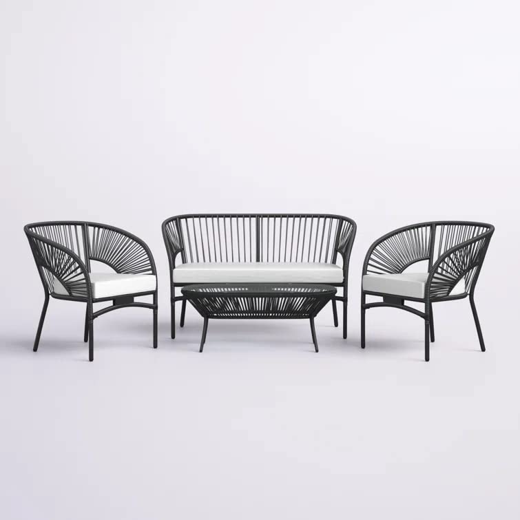 Image of DEVOKO Outdoor Patio 4 Piece Rope Garden Sectional Conversation Set with Glass Top Table for Backyard, Pool, Terrace, Deck (Black & White)