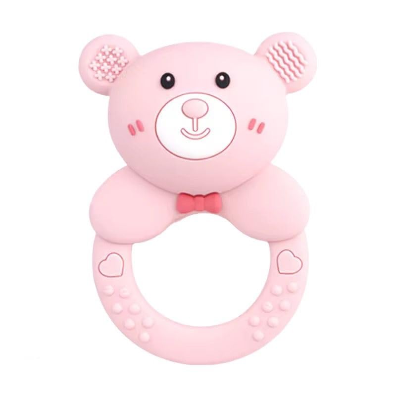 bear shape silicone baby teether, 82x62 mm, pink food-grade silicone, easy to grip ring, textured chewing surface, infant teething toy, 35 g lightweight