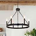 Puyveyor 19.5" 6 Lights Wagon Wheel Chandelier, Black Farmhouse Metal Round Industrial Kitchen Island Pendant Light for Living Dining Room Foyer Entryway, Height Adjustable, E12 Socket