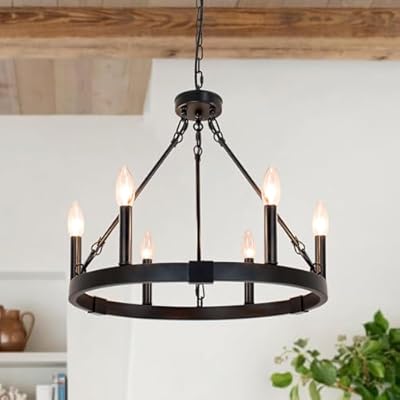 Puyveyor 19.5" 6 Lights Wagon Wheel Chandelier, Black Farmhouse Metal Round Industrial Kitchen Island Pendant Light for Living Dining Room Foyer Entryway, Height Adjustable, E12 Socket