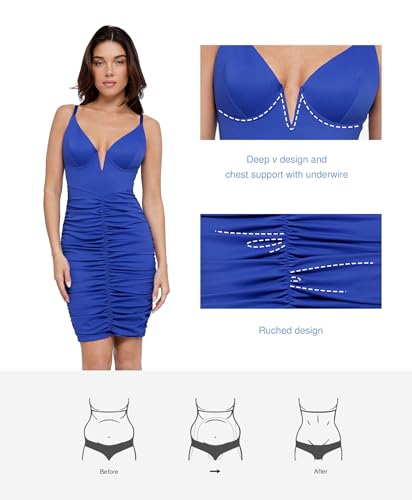 Image of Popilush Corset Midi Dress Deep V-Neck Adjustable Strape Summer Ruched Dresses Tummy Control Built in Shapewear