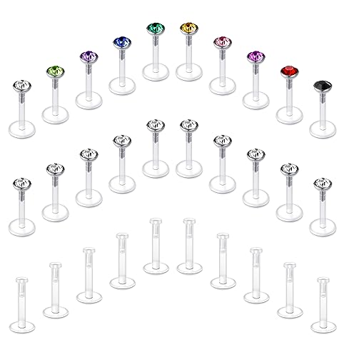 Briana Williams 30pcs 16G Clear Push In Top Piercing Retainers Flat & CZ Top Bioflex Lip Rings Labret Retainer for Women Men Plastic Cartilage Helix Tragus Earring Retainer for Work Surgery 8mm Bar