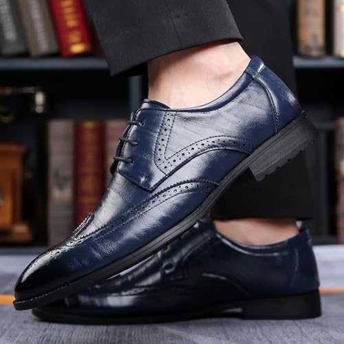 Men's Leather Wingtip Carving Brogue Formal Block Heel Oxford Shoes Classic Pointed Toe Low Top Lace up Low Heel Business Dress Oxford Shoes for Wedding Work 6