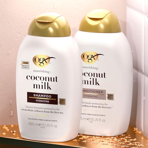 OGX Coconut Milk Shampoo 385 ml, feuchtigkeitsspendendes Haarshampoo mit Rizinusöl und Kokosöl für geschmeidiges, glattes und glänzendes Haar mit LipiPro Shield Technologie
