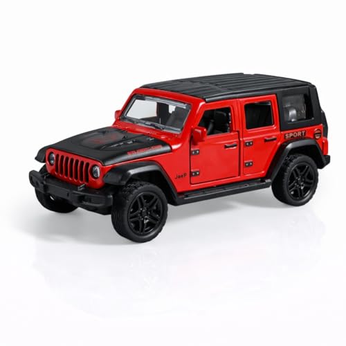 Image of 1:36 Scale Rubicon Car Model - Die-Cast Metal Pull Back SUV with Openable Doors, Lights & Music - Alloy Off-Road Toy Vehicle for Kids, Boys & Collectors (Red)
