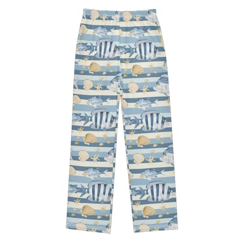Pajama Pants Fishes Shells Light Blue Stripe PJ Bottoms Sleepwear Lounge Sleep Pant with Pockets