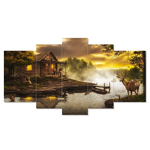 Modern Canvas Painting Art The Picture Fantastic Day Vintage House Daydream Deer Beauty Nature In Mountain Village Lake World Landscape Print Giclee Artwork For Home Office Wall Decor By Ulinked Art #TOP9