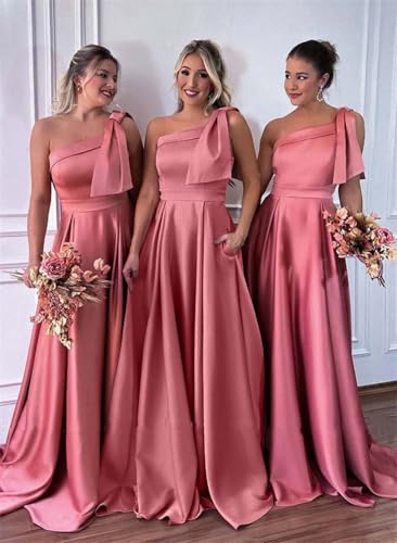 One Shoulder Bridesmaid Dresses Ruffles Satin Prom Formal Dress A Line Wedding Party Gowns with Pockets2