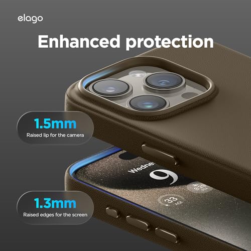 Image of elago Magnetic Leather Case Compatible with iPhone 15 Pro Case, Compatible with All MagSafe Accessories, 6.1 inch - Built-in Magnets, Vegan Leather, Shockproof, Water-Resistant (Taupe)